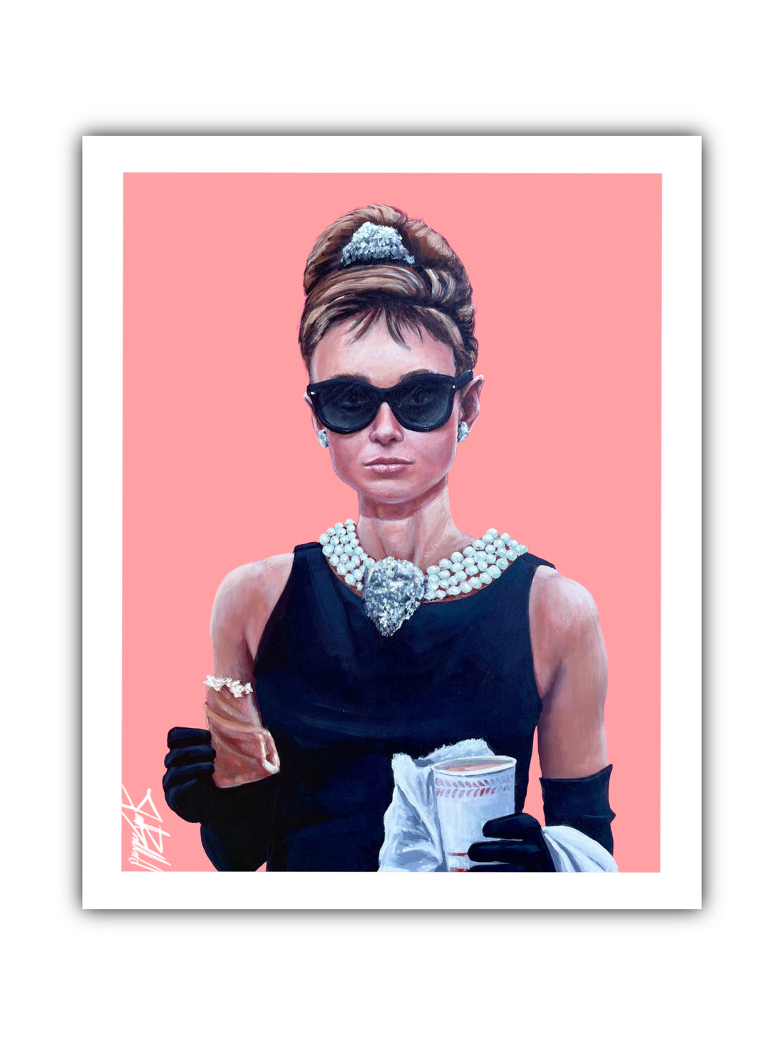 A paper print of a woman wearing sunglasses and a pearl necklace, holding a coffee cup, on a pink background.