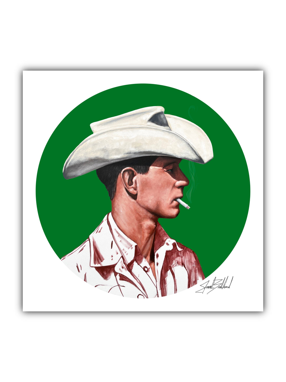 A paper print of a cartoon illustration depicting a cowboy character wearing a white hat, with a green circular background.