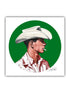 A paper print of a cartoon illustration depicting a cowboy character wearing a white hat, with a green circular background.