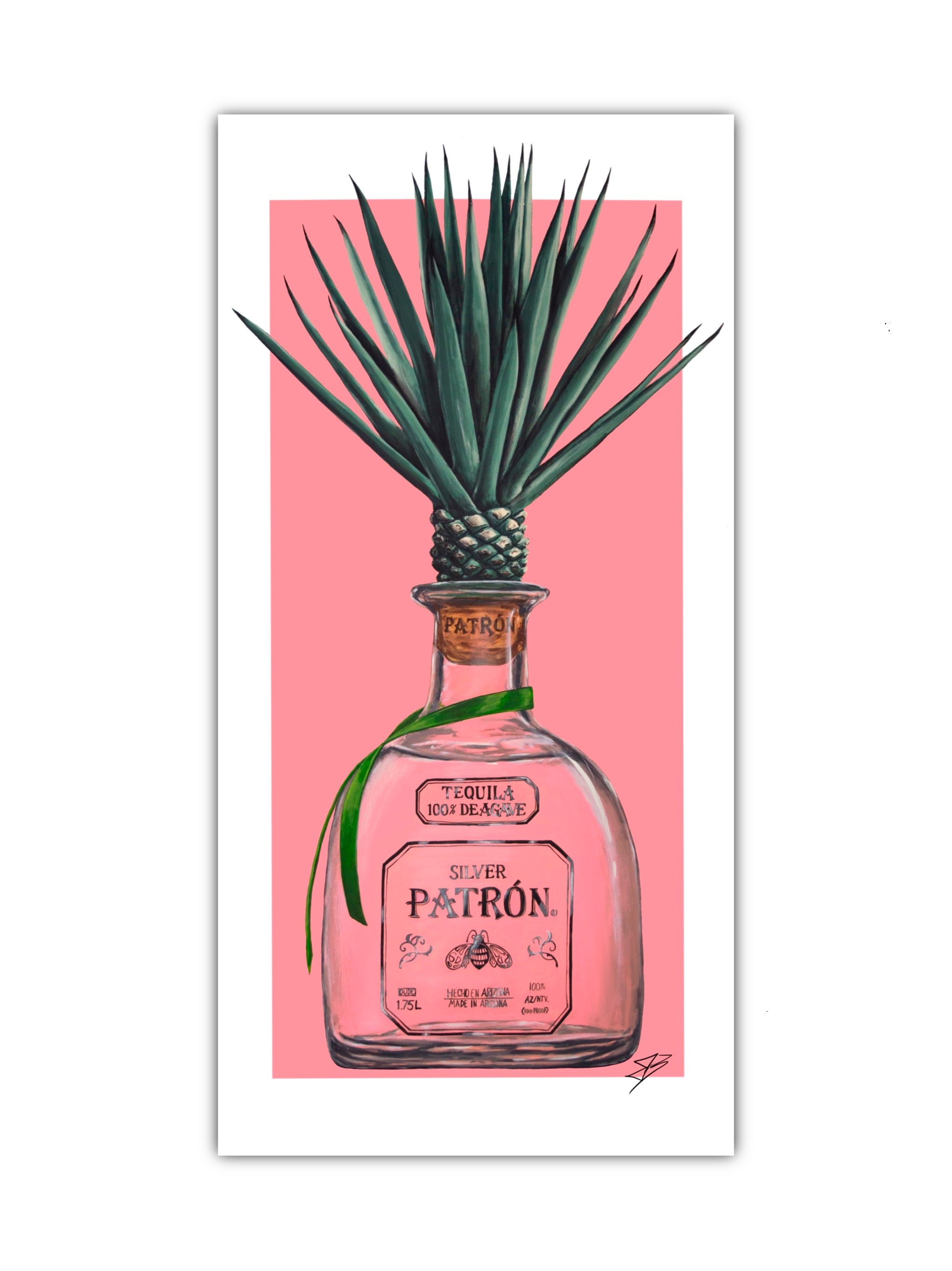A paper print featuring a stylized illustration of a cactus growing from a Patron tequila bottle, set against a pink background.