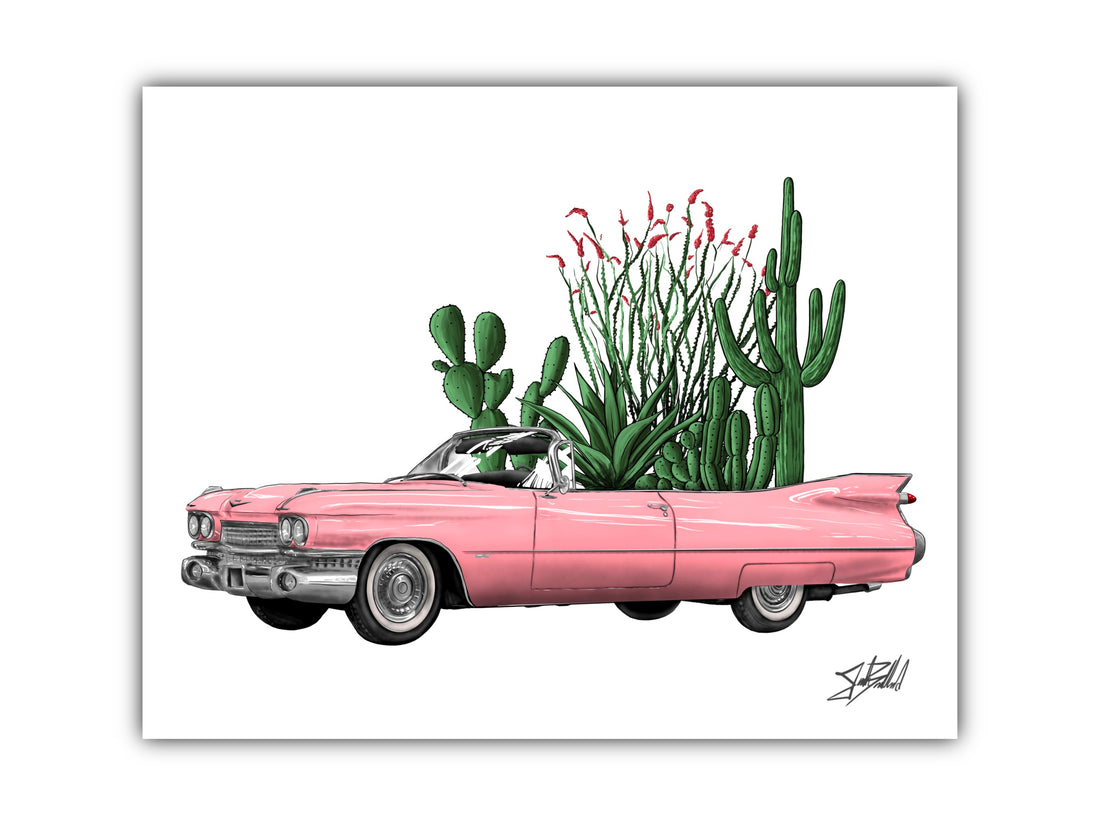 Desert Cadillac surreal southwestern art print by Jonah Ballard – vintage car desert artwork