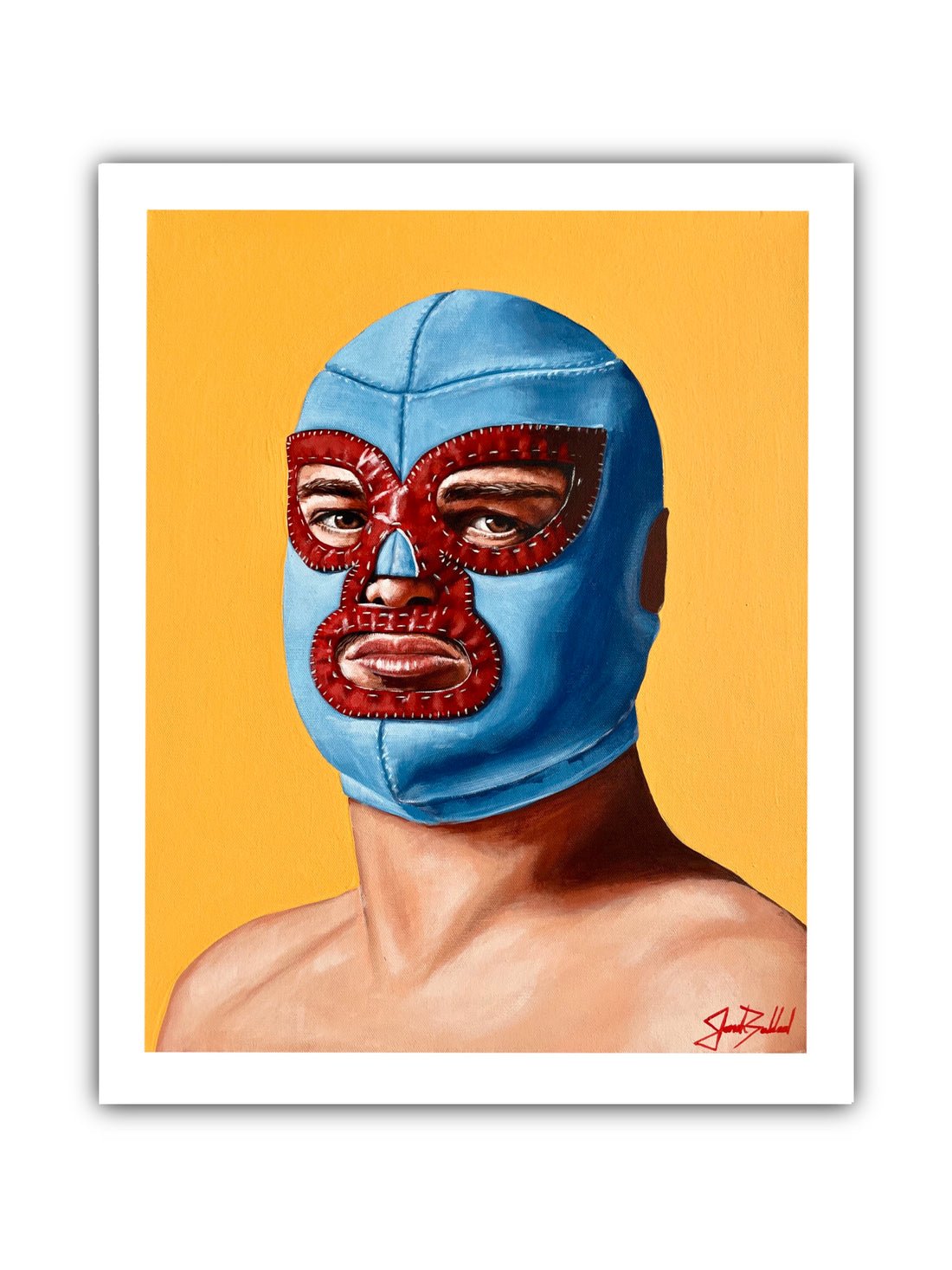 A colorful paper print of a character wearing a blue and red luchador mask against a yellow background.