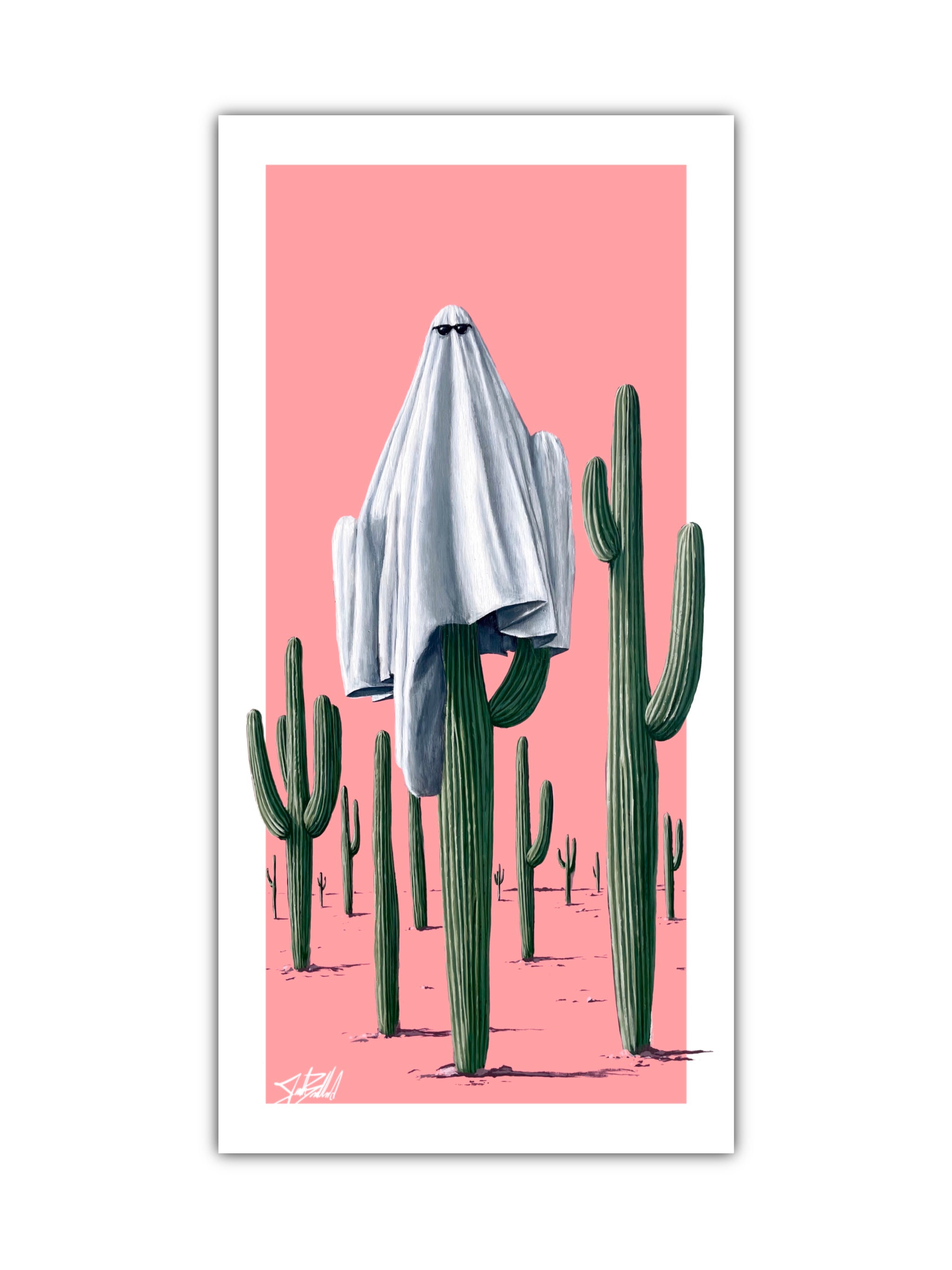 A paper print depicting a whimsical image of a ghost standing on top of a cactus, set against a pink background.