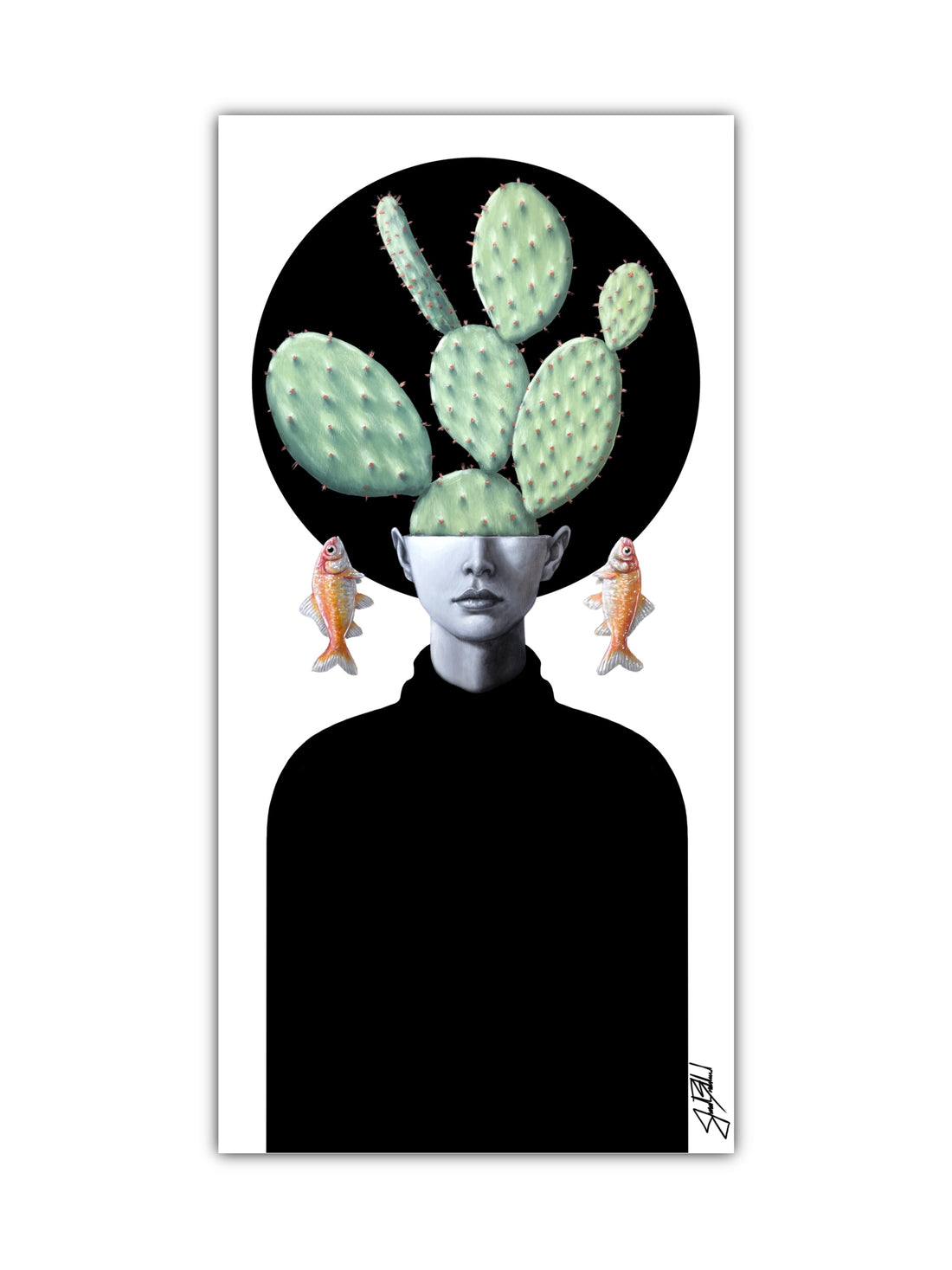Artistic paper print depicting a stylized woman with a cactus for a head, in black, green, and white tones.