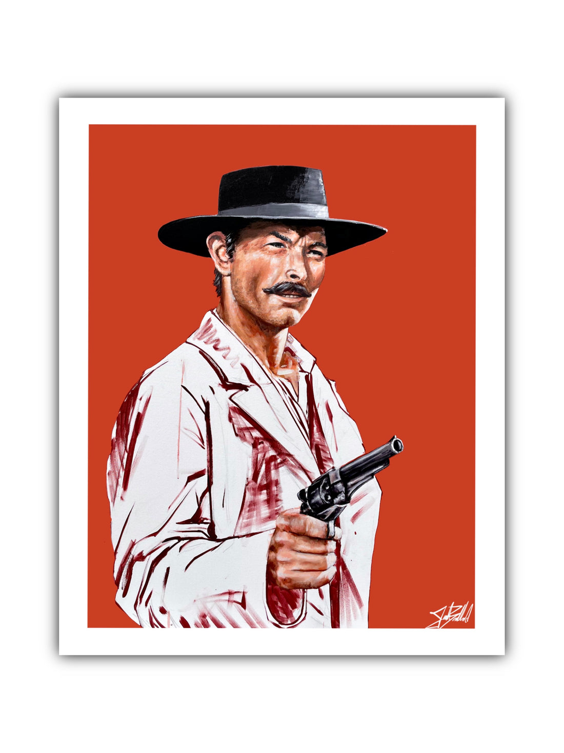 A paper print of a cowboy character portrayed by an actor, with a red background, white shirt, and black hat.