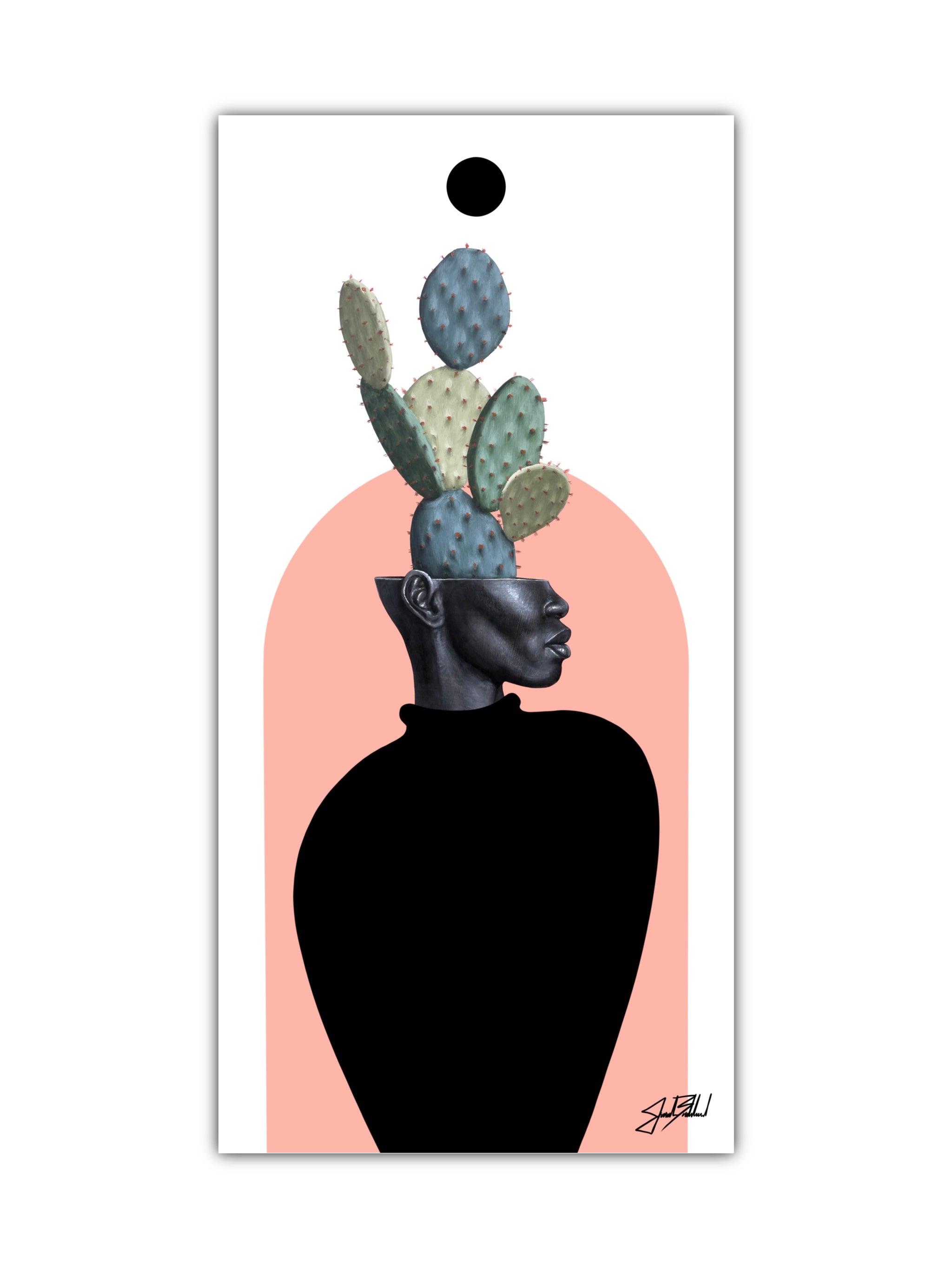 Artistic paper print depicting a stylized female figure with a cactus on her head, set against a pink background.