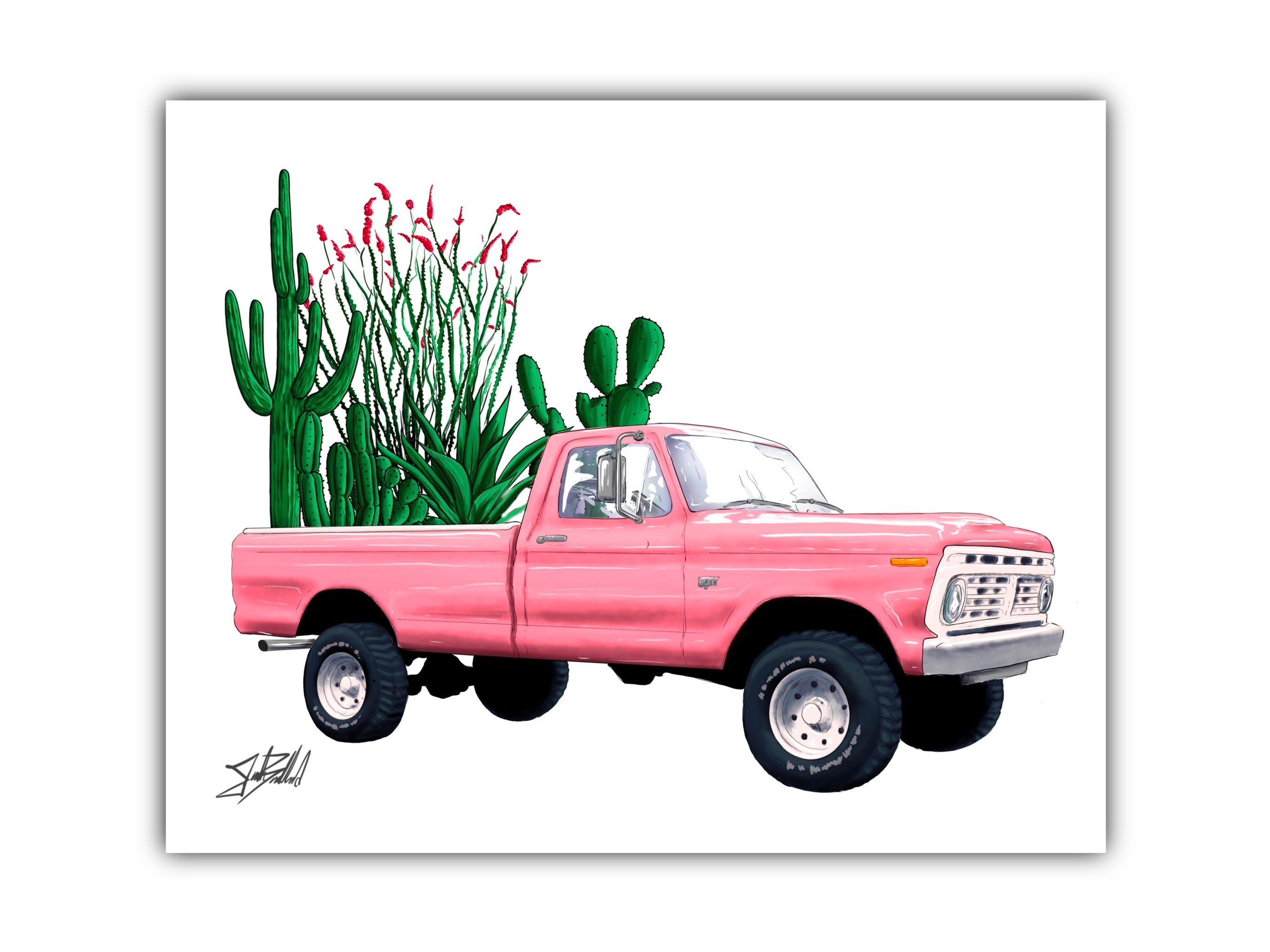 A paper print featuring a pink pickup truck with cacti in the bed, set against a white background.