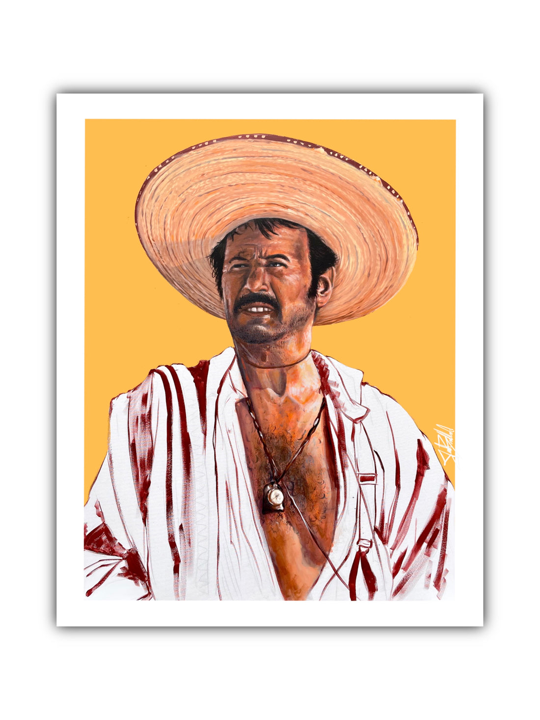 Artistic paper print of a character portrayed in a western attire with a wide-brimmed hat, set against an orange background.