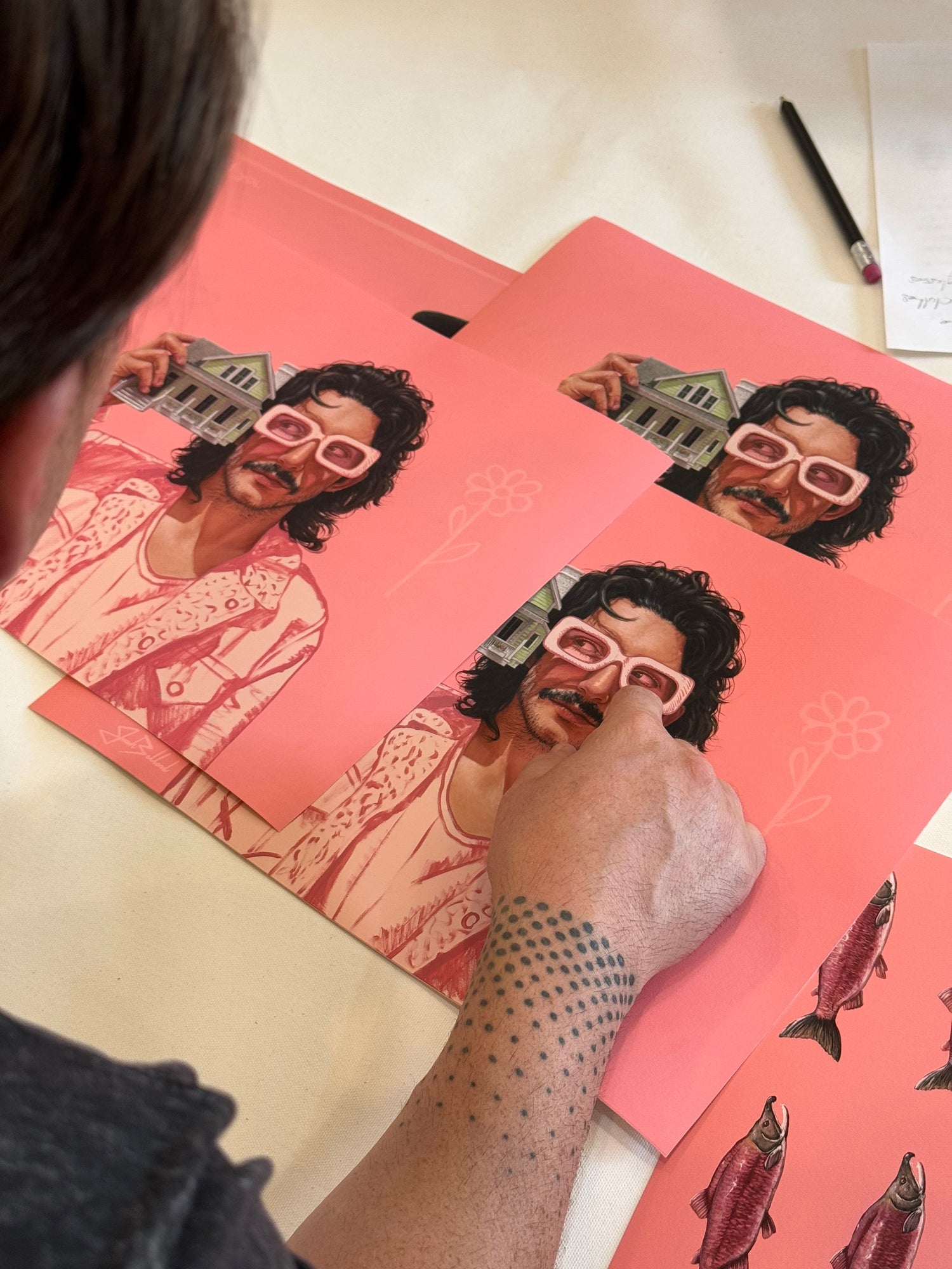 Acrylic portrait of a woman, smoking a cigarette with a pink background and the words Marlboro on the bottom
