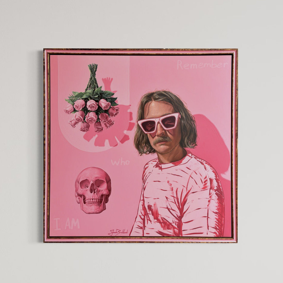 A custom-framed acrylic painting on cotton canvas featuring a portrait with elements of pink, sunglasses, roses, and a skull. The main subject is a man, and the artwork has a bold, expressive style.