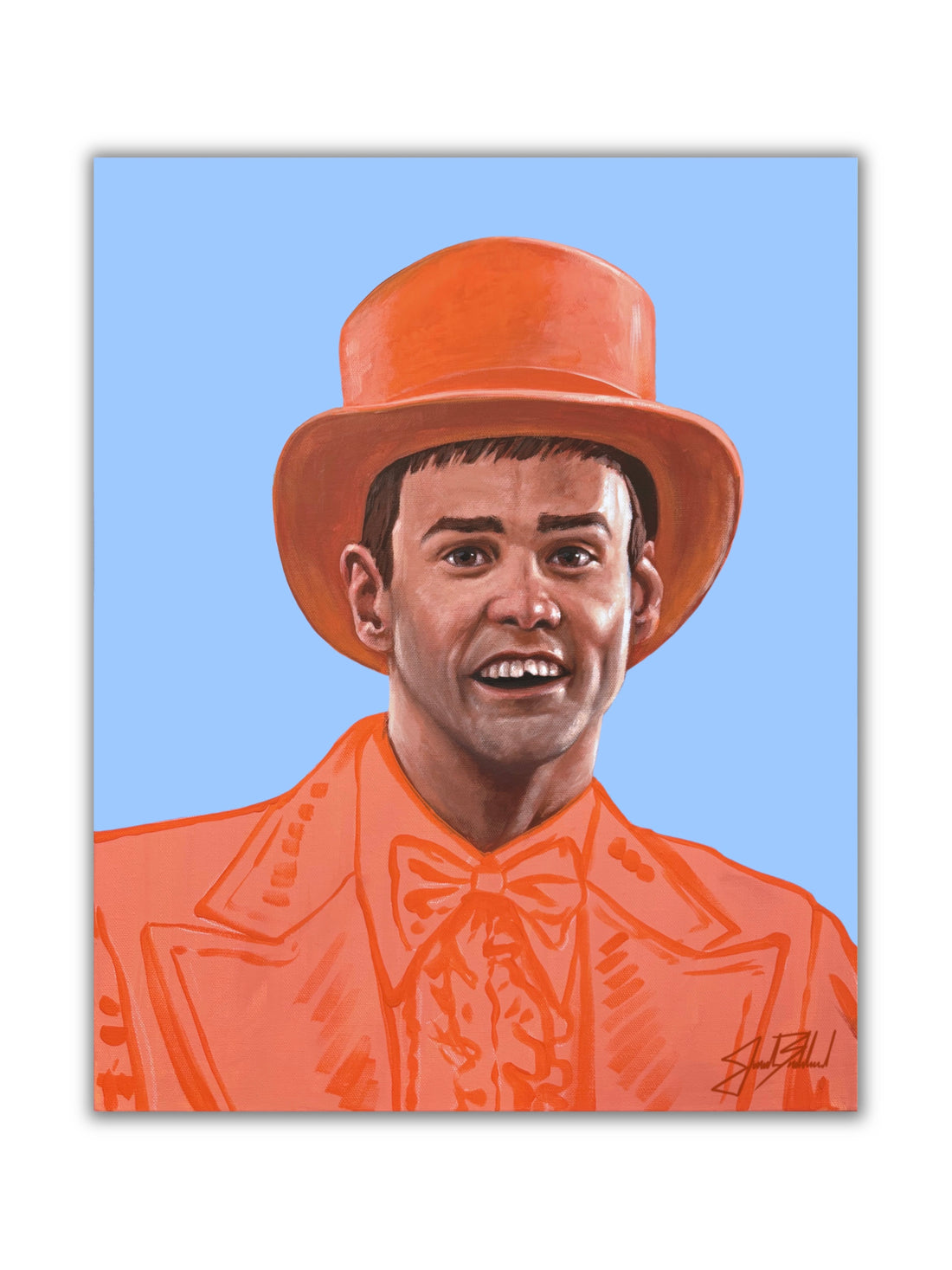 A colorful paper print of a character in a orange tuxedo and hat, with a solid blue background.