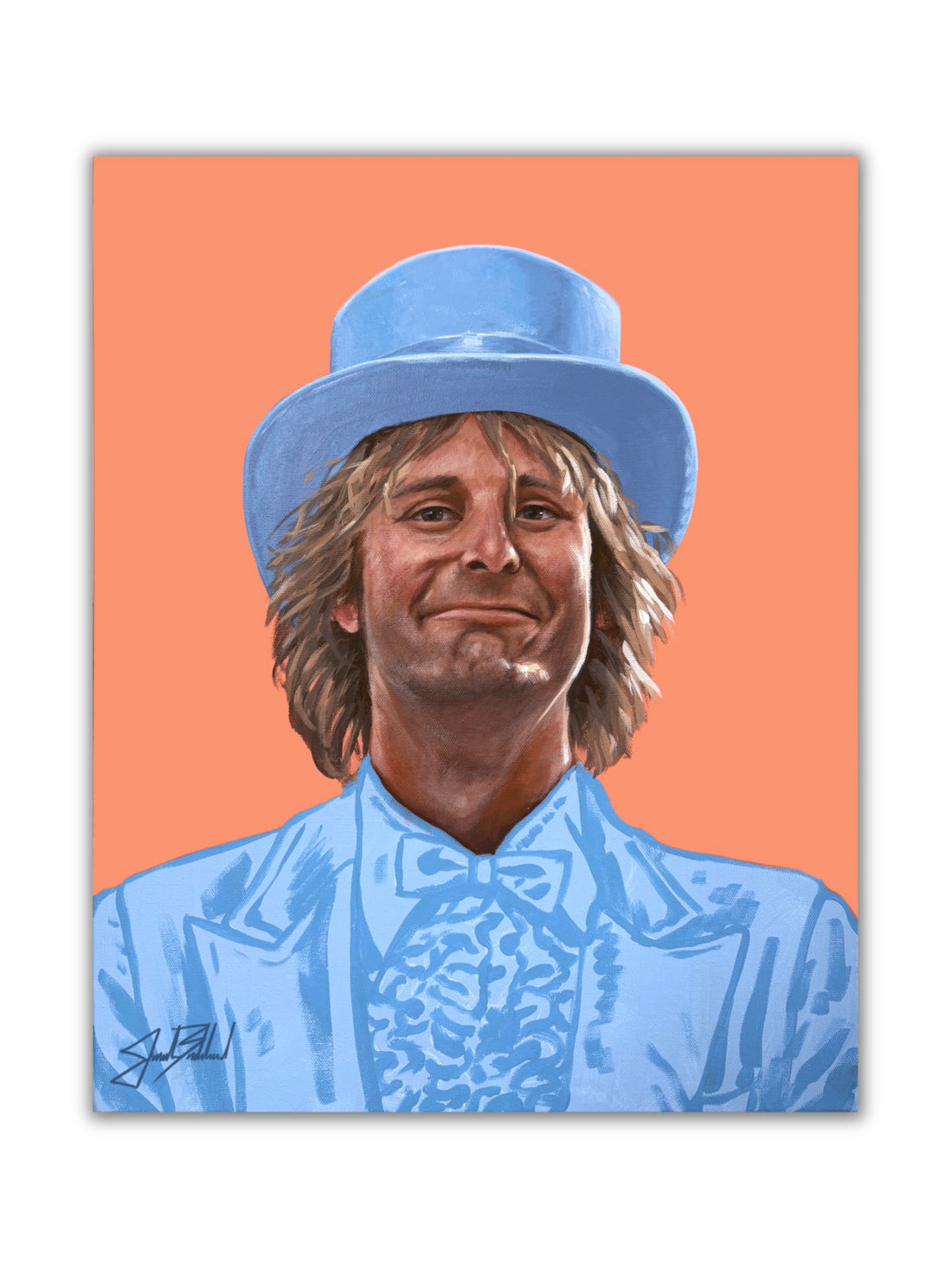 A colorful paper print of a male figure in a blue suit and hat against an orange background, resembling a portrait painting from Dumb and Dumber.
