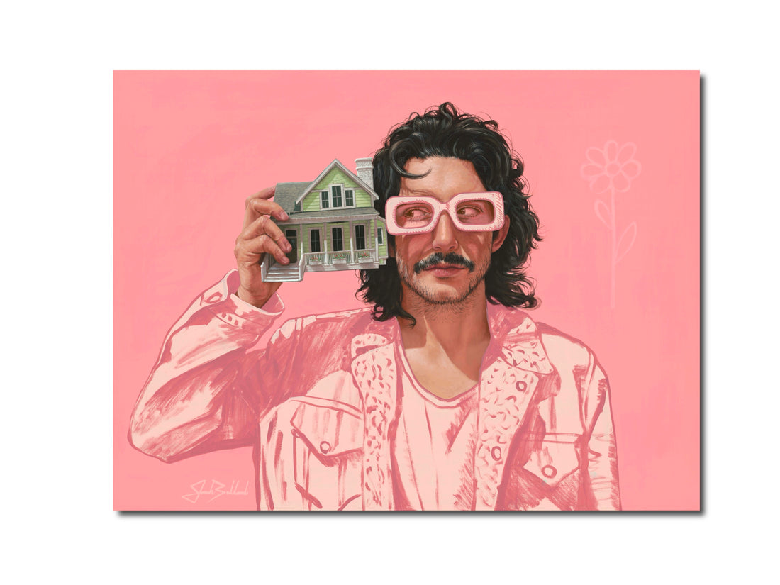 Contemporary symbolic painting of a pink house in a dreamlike landscape