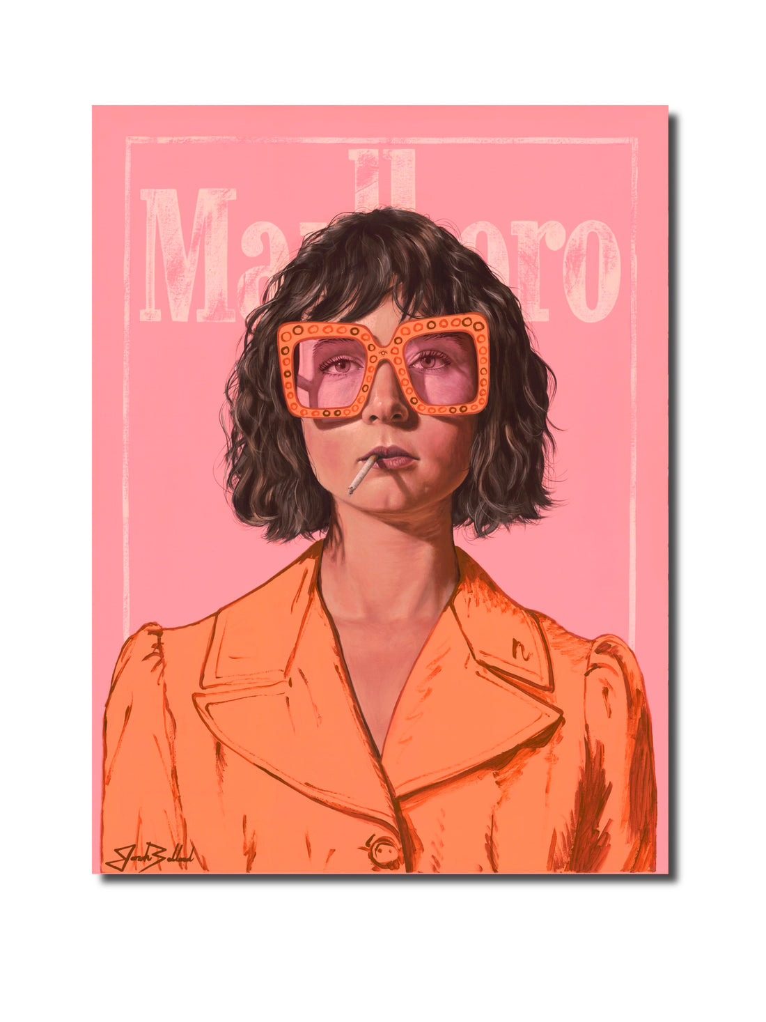An illustration of a woman wearing large sunglasses and a pink jacket, with the text &