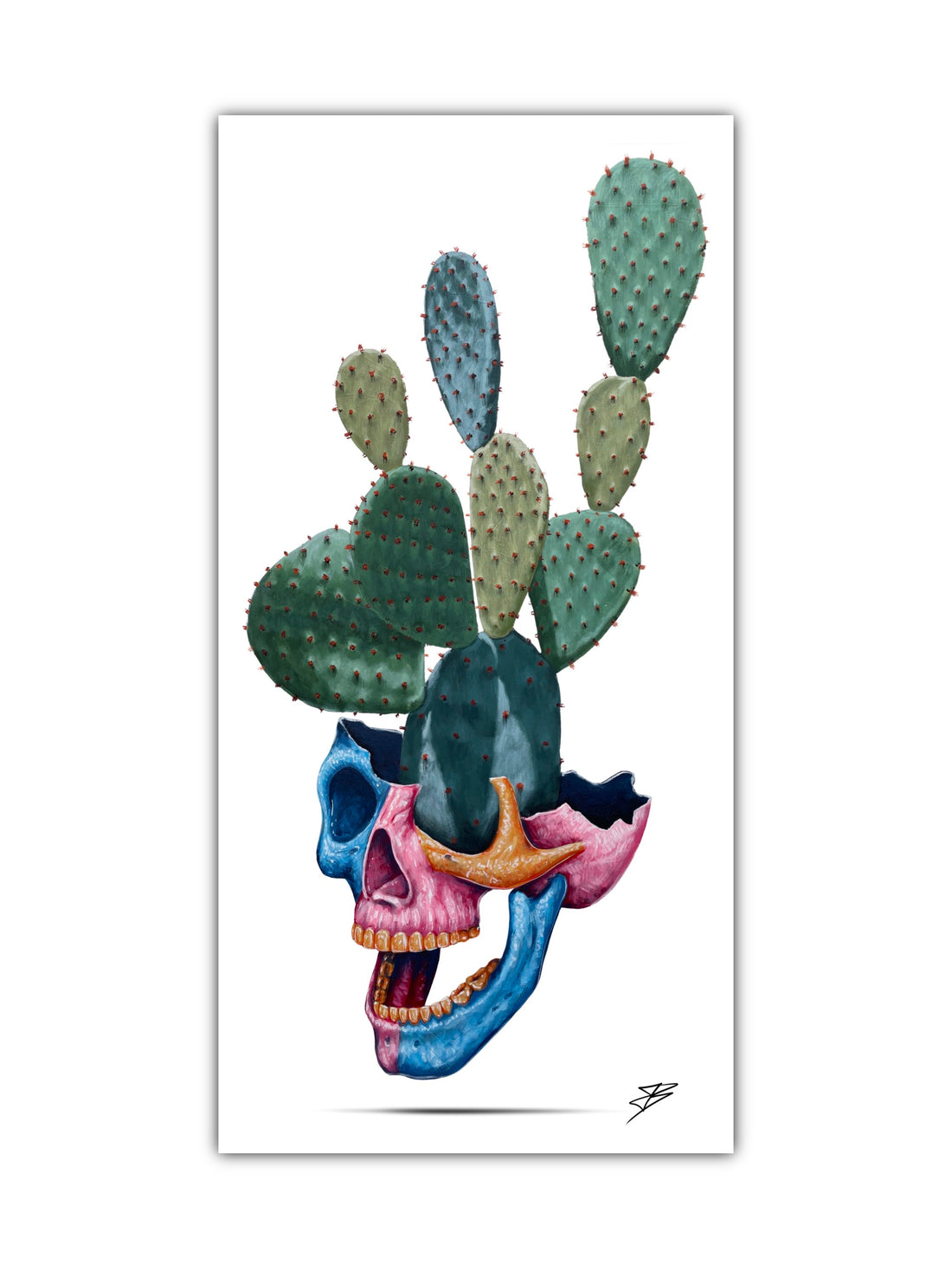 A paper print featuring a stylized skull with cactus elements coming out of it, in a colorful artistic illustration.